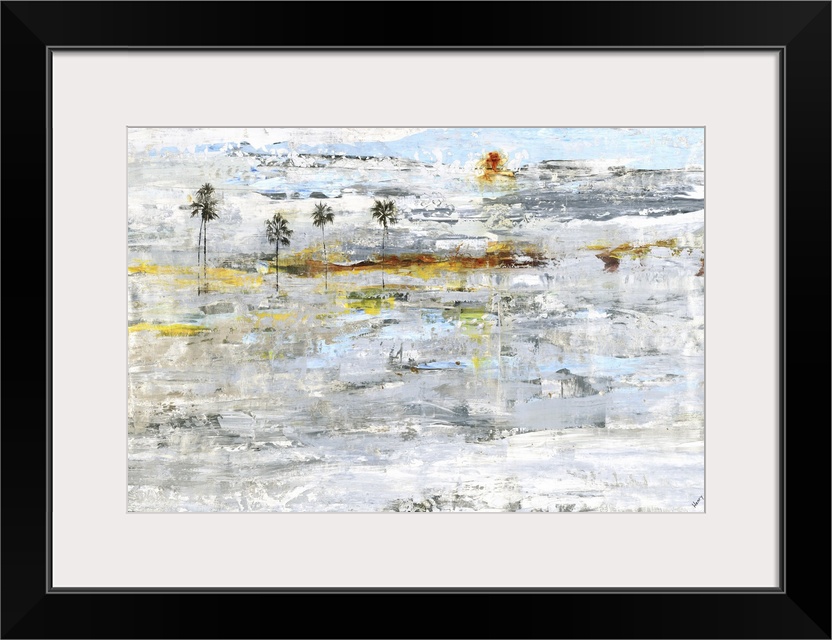 Contemporary abstract painting in shades of orange and gray, with subtle palm tree shapes.