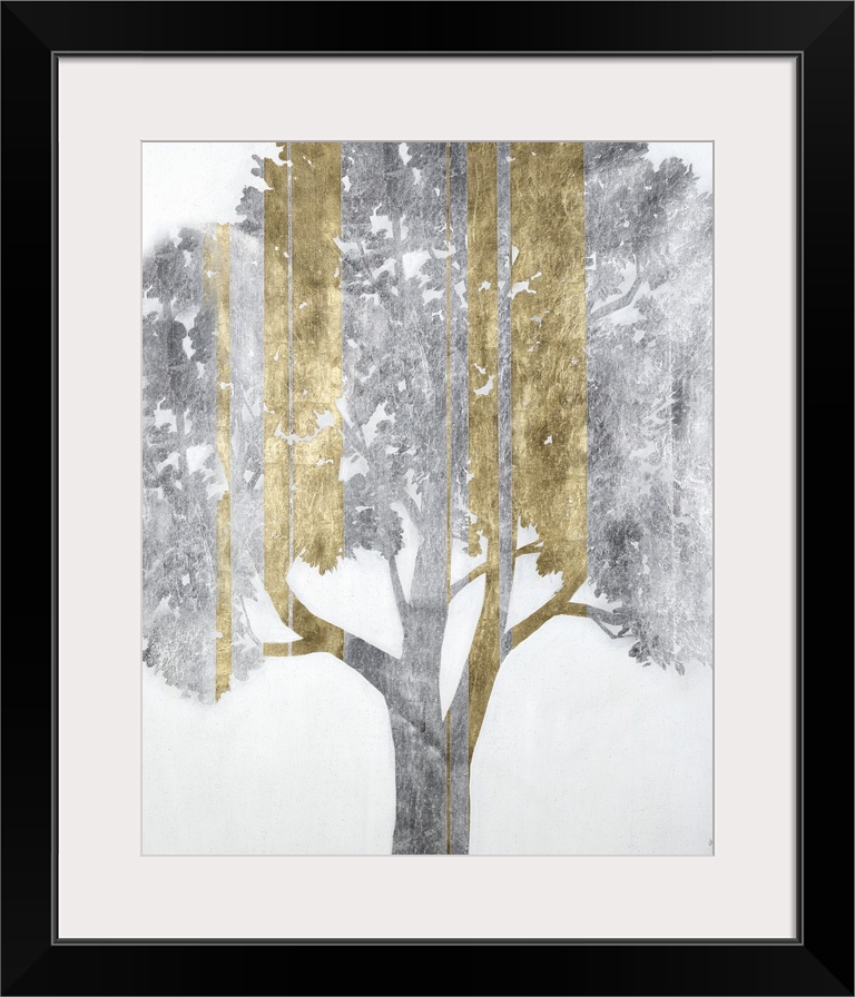 A modern painting of a single tree in silver with vertical streaks of gold.