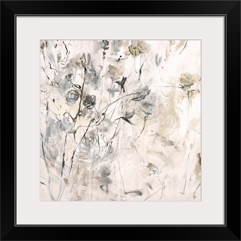 Abstract painting in earth tones of various florals on thin stems and small twigs, on a light, neutral background.