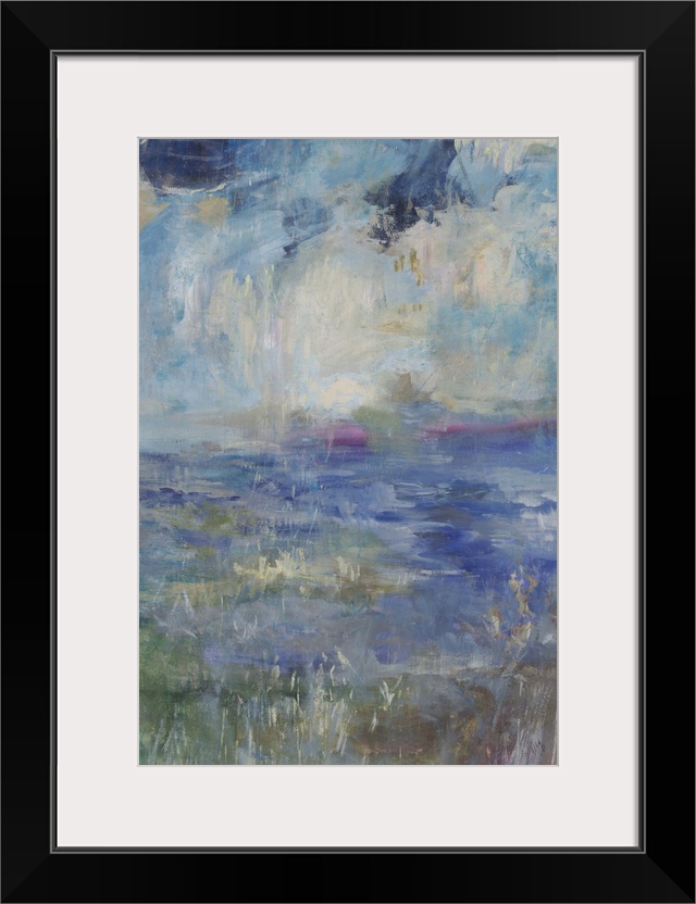 Abstract contemporary artwork in shades of blue, resembling a seascape.