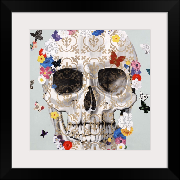 Artwork of a patterned skull surrounded by small, colorful butterflies.