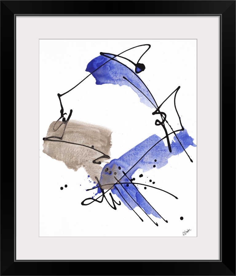 Contemporary abstract painting of dark black lines and splashes of blue swirling around.