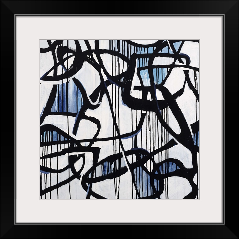 Contemporary high contrast abstract painting using deep black organic lines in a circular motion, with hints of blue.