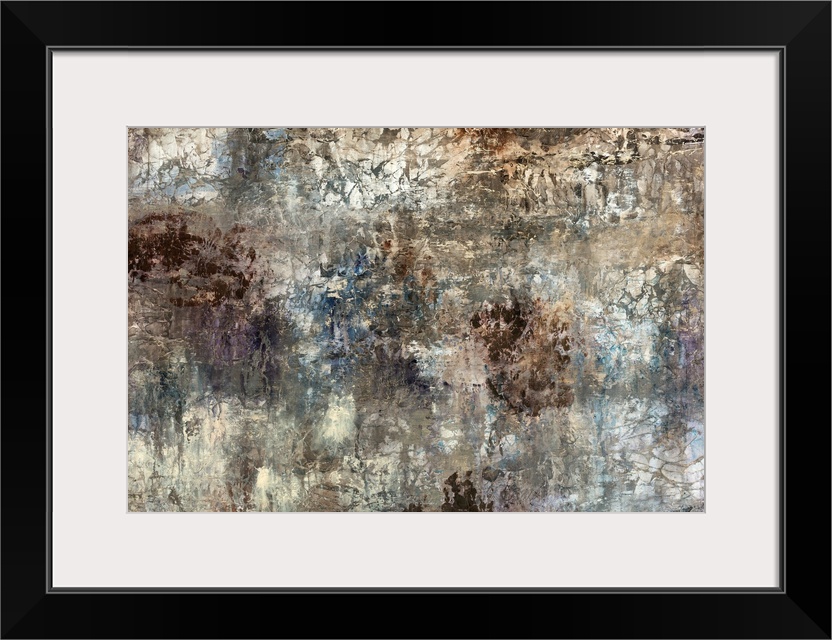 Contemporary abstract painting of muddied paint splatters with creases and cracks.