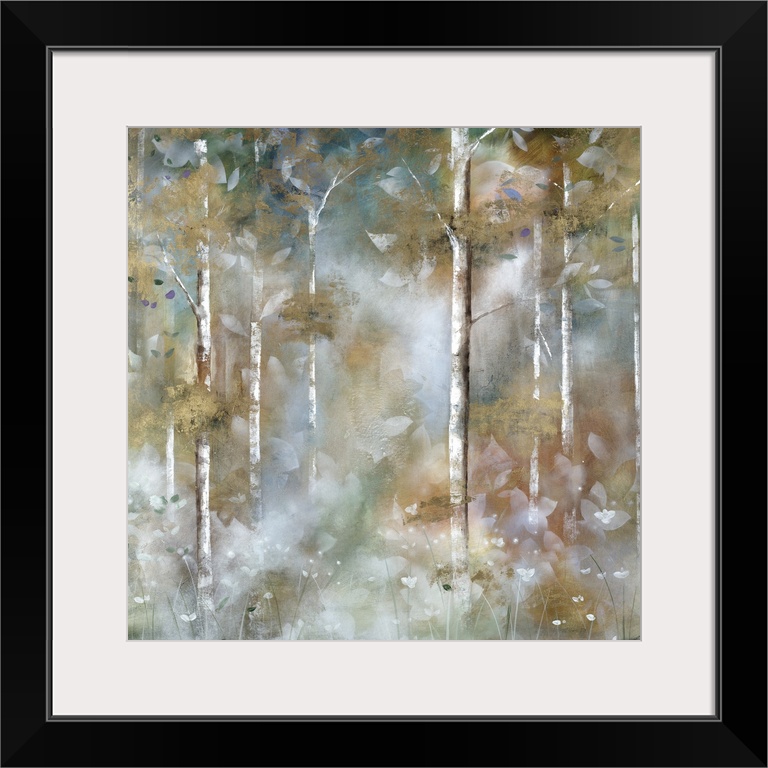 A square contemporary painting of a forest cover in a mist with an overlay of white leaves.