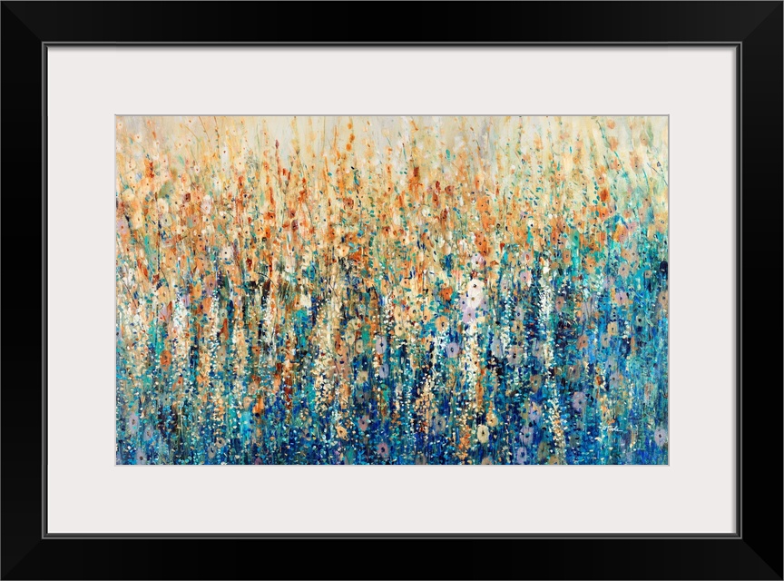 A mass of tall blue wildflowers growing amid grasses in a prairie-like setting. This impressionist-style painting in warm ...