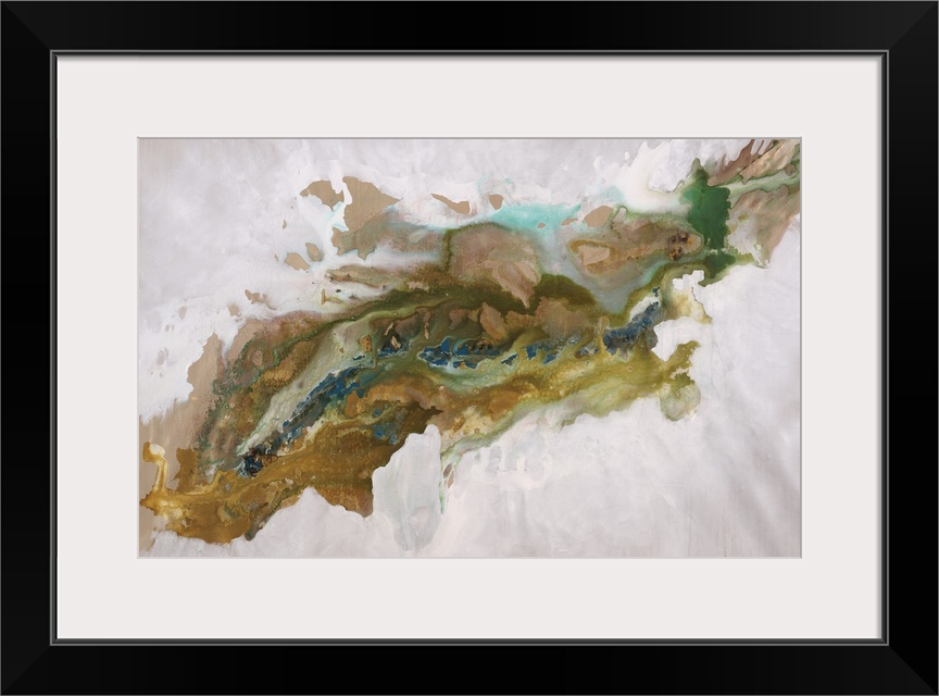 Abstract painting of an aerial view over a deep, rocky canyon that run diagonally through the image.