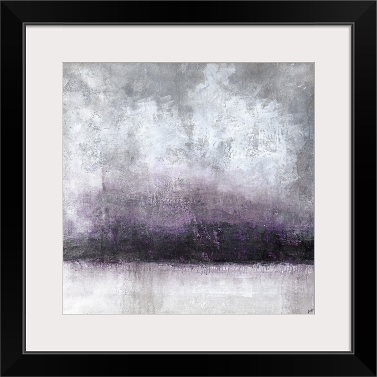 A moody abstract landscape in shades of gray and purple.