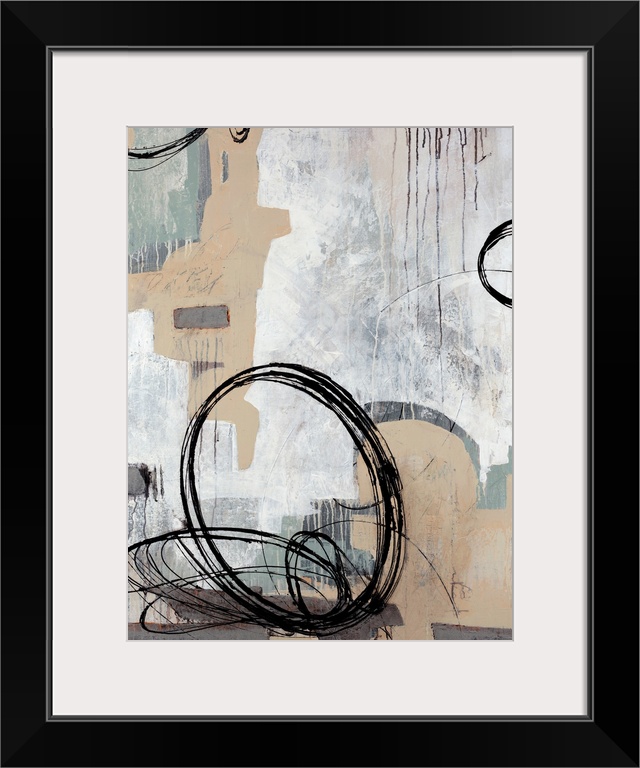 Contemporary abstract painting with an urban feel, featuring dark circular shapes on a neutral and white background.