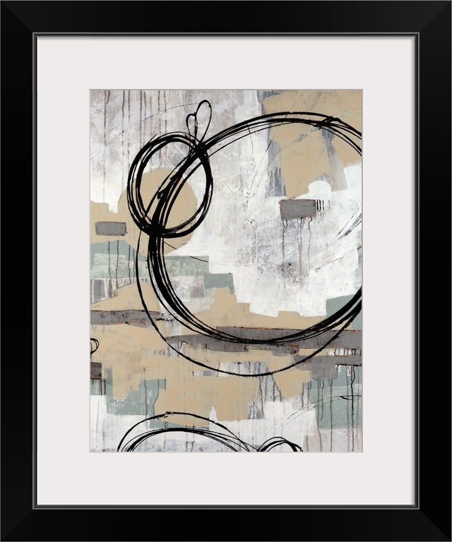 Abstract painting with neutral colors in rectangle splotches in the background with dark ring circles on top.