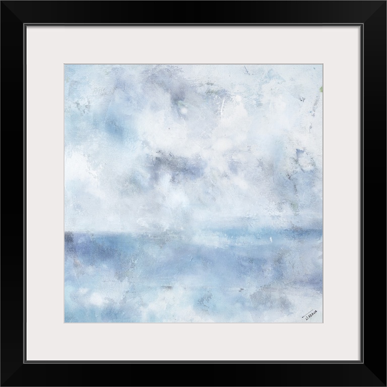 Square abstract painting in shades of blue, gray, and white with a foggy feel.