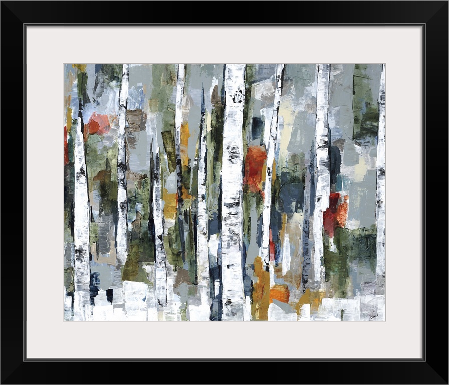 Large abstract painting of a wooded forest of colorful fall leaves.