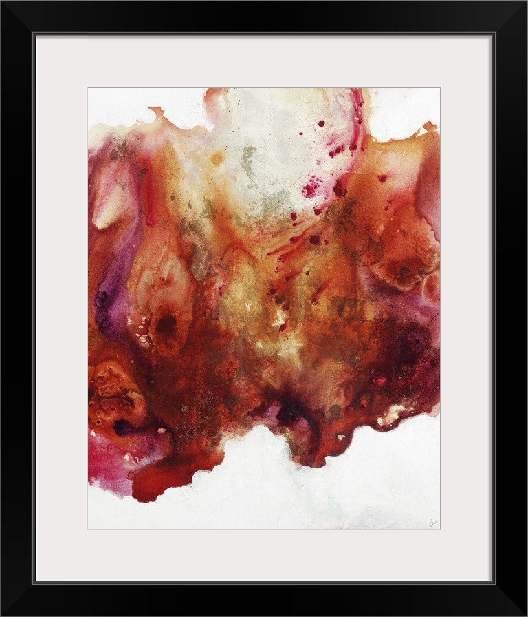 Large abstract painting of vibrant colors of orange, red and pink.
