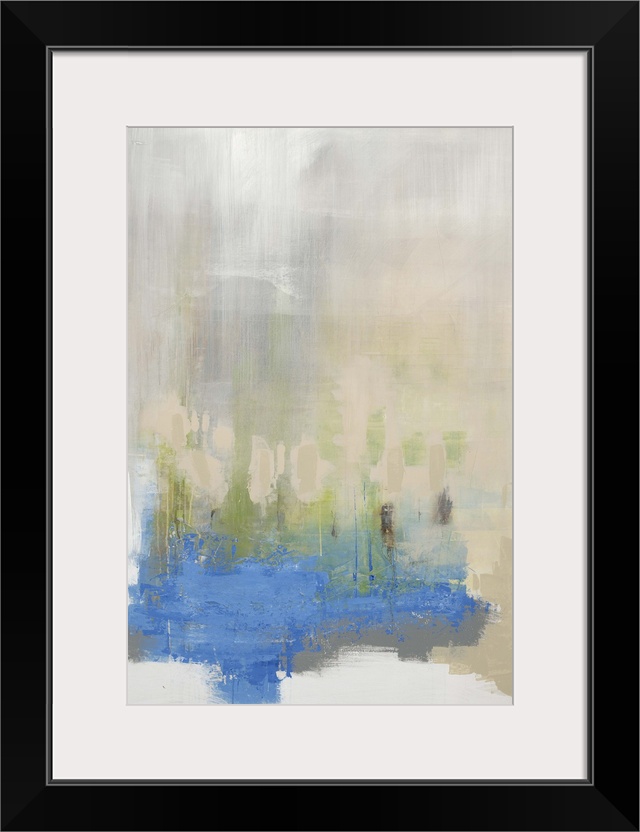 Abstract painting of large blue object that fades into a thick fog above it, with vertical streaks and unrecognizable obje...