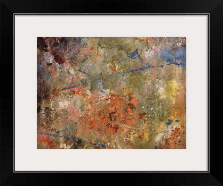 Abstract painting of melding colors in metallic and earth tones that resemble a distant aerial view of a landscape.