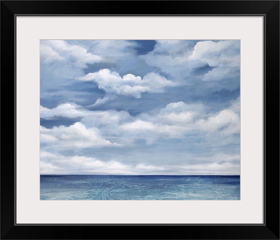 Contemporary artwork of a serene ocean view with bright clouds above.