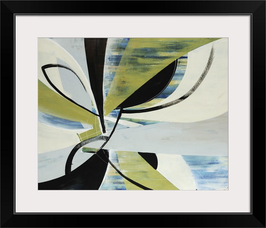 Square, oversized contemporary painting of combined shapes in several colors that look like a large pinwheel, the backgrou...