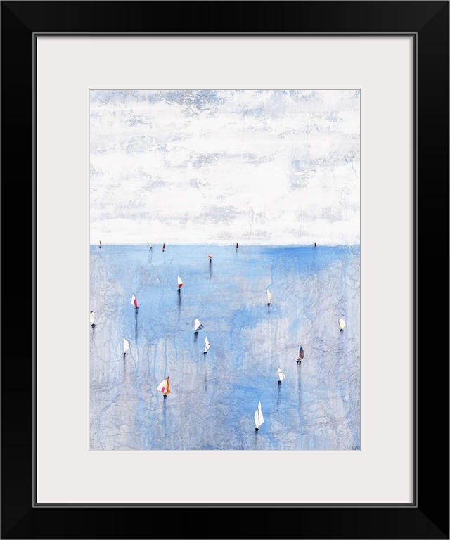 A contemporary painting of a view out to sea with sailboats casting shadows on the water.