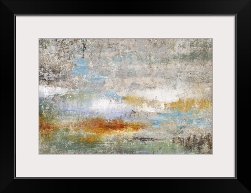 Contemporary abstract artwork in grey with splashes of bright red and blue.