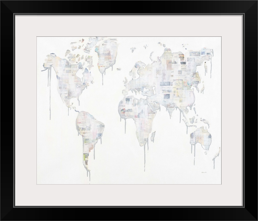 Contemporary painting of a world map with wine labels.