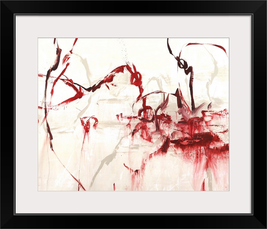 Contemporary abstract painting using vibrant red tones in sinuous forms.