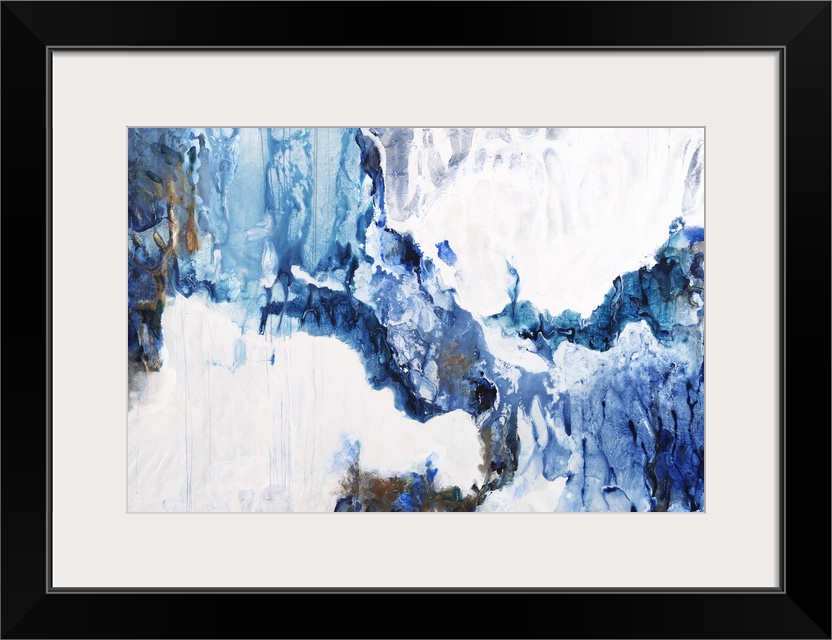 Large abstract painting in shades of blue with some brown mixed in and white throughout.