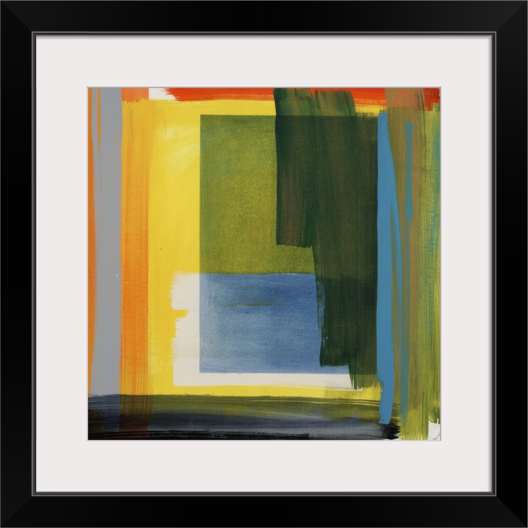 Abstract painting of overlapping and intersecting rectangular blocks of vibrant color and thick heavy brushstrokes.