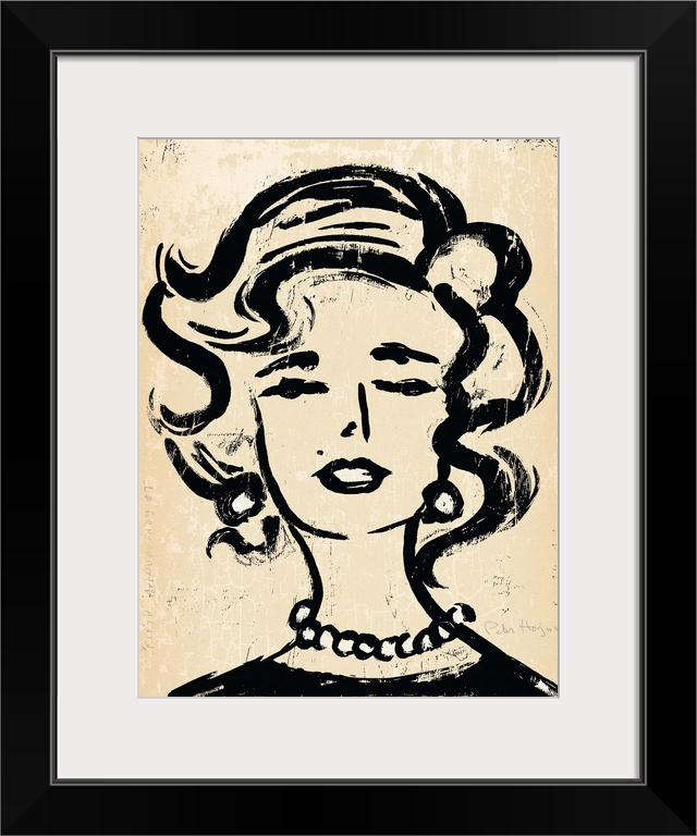 1940's vintage wall art black ink brush illustration on sepia background of the head and shoulders of a fashionable woman.