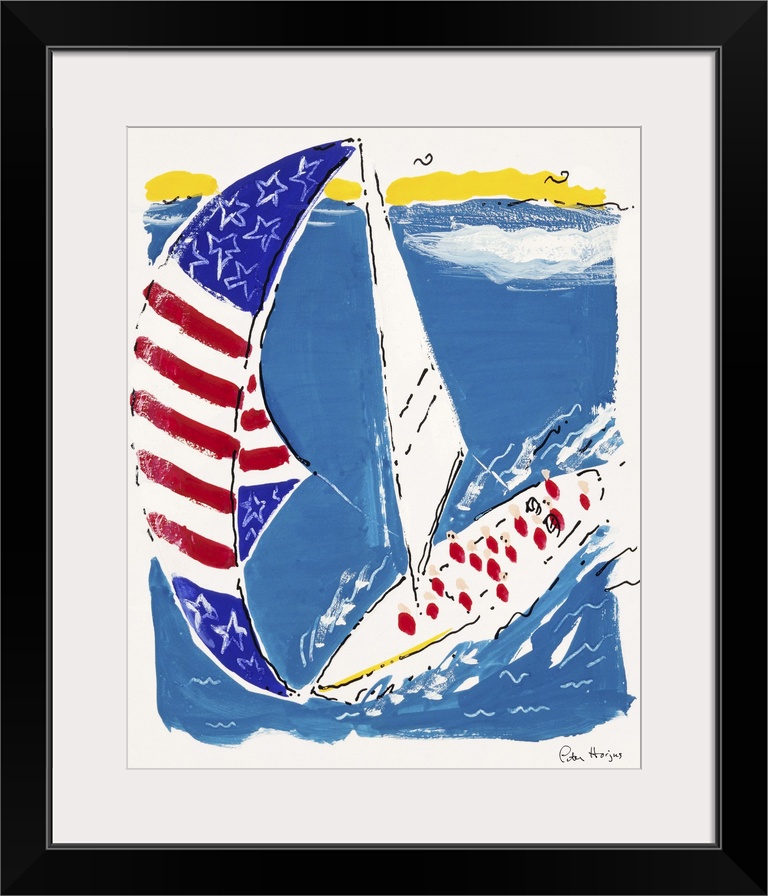 Pen and Ink illustration of America's Cup sailboat with huge spinnaker sail from a bird's eye view.