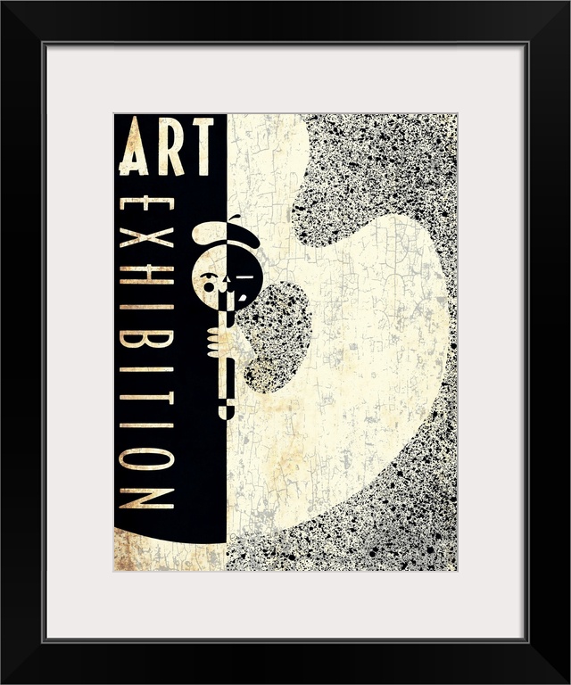 Vintage black and sepia wall art exhibition poster with graphic Bauhaus artist image and artist palette.