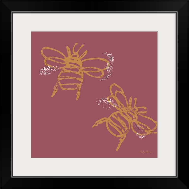 Two yellow busy bees buzzing around depicted in a simple minimalist art fashion on a solid red background.