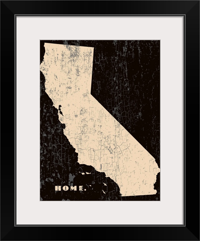Distressed wall art graphic art of the state of California with the word home in the lower left corner on a sepia background.