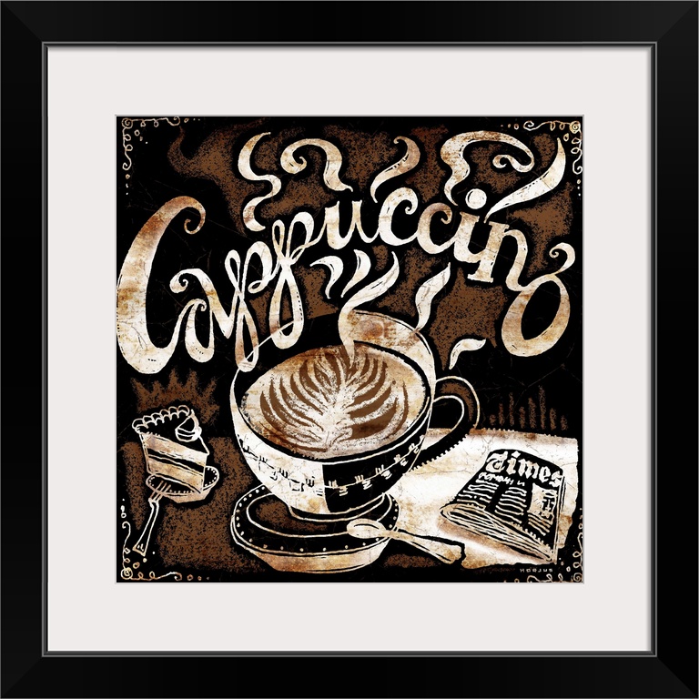 A perfectly poured cappuccino with a side of cake and a newspaper, with the word cappuccino illustrated in cursive script ...