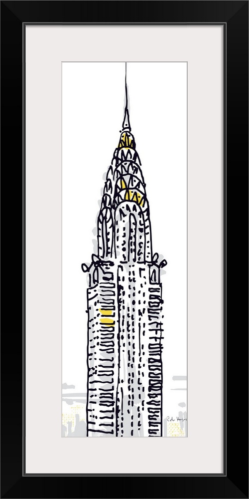 Pen and ink illustration of the top of the Chrysler Building in New York City.