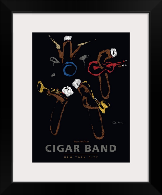 Wall art cigar poster of a group of cigars playing instruments in a band with the words Cigar Band.
