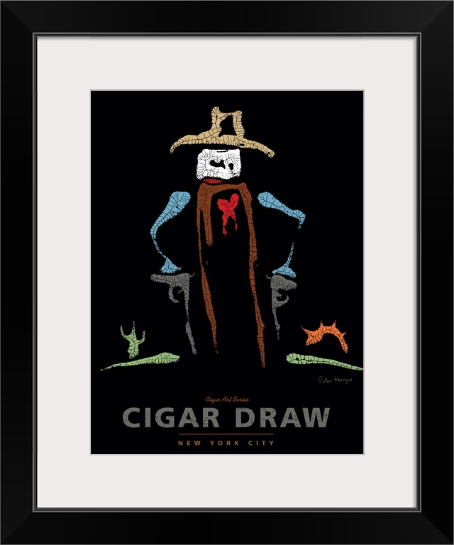Wall art cigar poster of a cigar dressed as a cowboy with two guns, cowboy hat, in a desert setting with the words Cigar D...