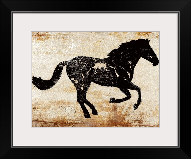 Galloping black horse profile on a textured rust background.