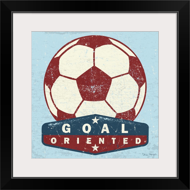 Distressed  large red soccer ball with a typography saying Goal Oriented.
