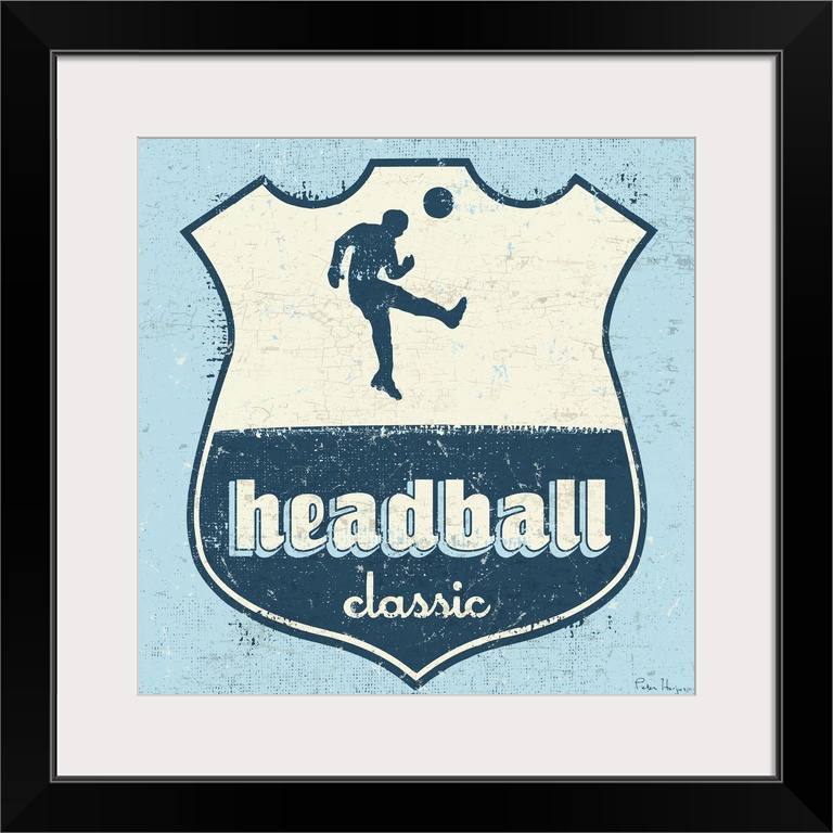 Distressed  soccer logo of soccer player head-balling a soccer ball with the words Headball Classic.