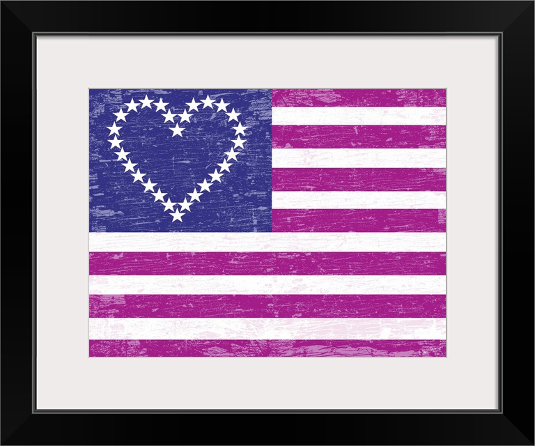 American flag with the stars in the shape of a heart in pink and stripes in violet