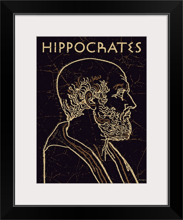 Black and gold line art wall art of Hippocrates, the Greek physician, with the name Hippocrates above the image.
