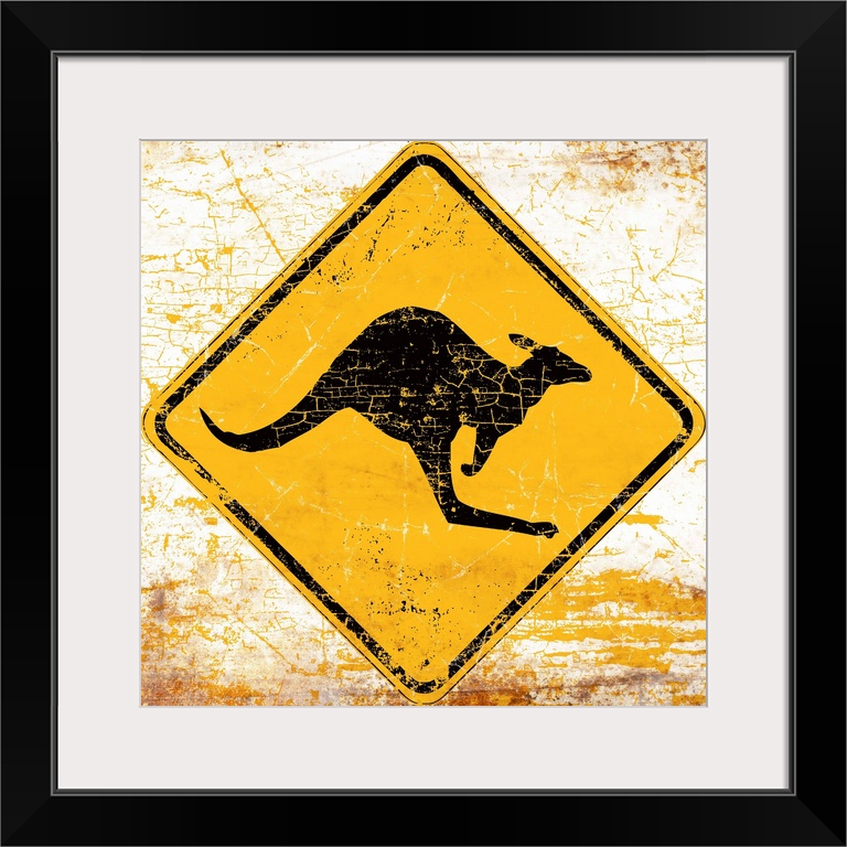 A worn, distressed, cracked and rusty Kangaroo street sign.