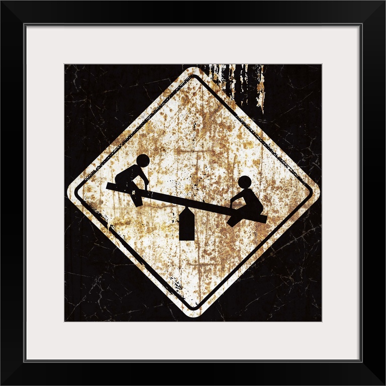 A worn, distressed, cracked and rusty Kids Playing street sign.