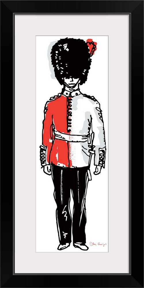 A simple pen and ink line drawing in black and red of a London guard standing.