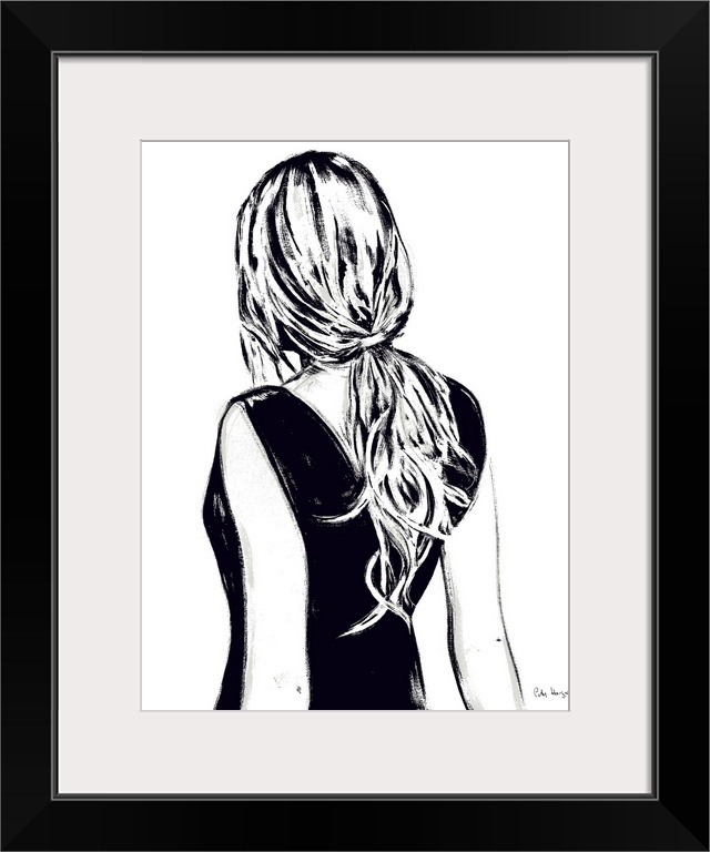A black and white painting of the back of a woman with messy ponytail hair.