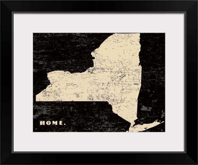 Distressed wall art graphic art of the state of New York with the word home in the lower left corner on a sepia background.