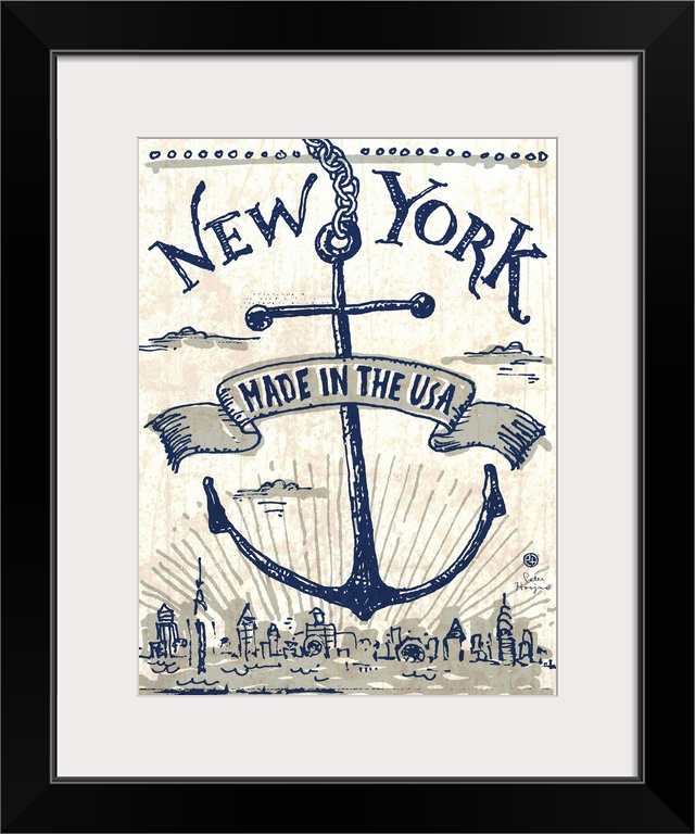 Illustrated vintage, worn artwork of New York City's skyline, with an anchor and a ribbon that says made in the USA.