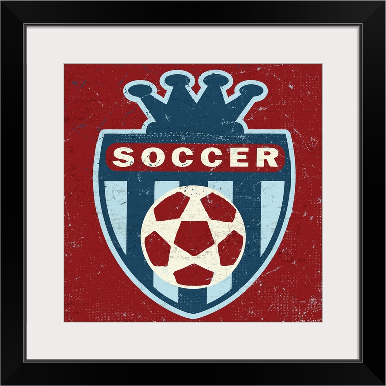 Distressed  traditional soccer crest with soccer ball in the middle.