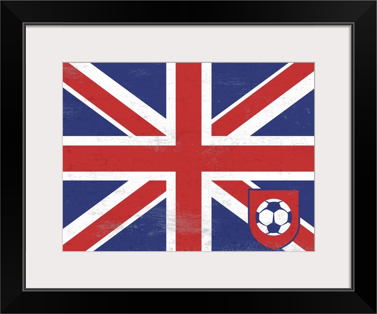 Flag of England with soccer crest with soccer ball.