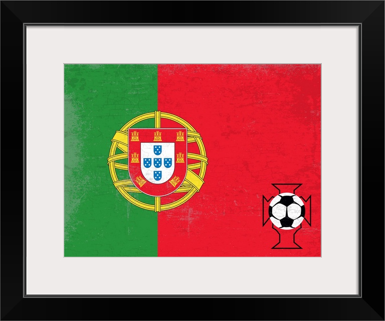 Flag of Portugal with soccer crest with soccer ball.